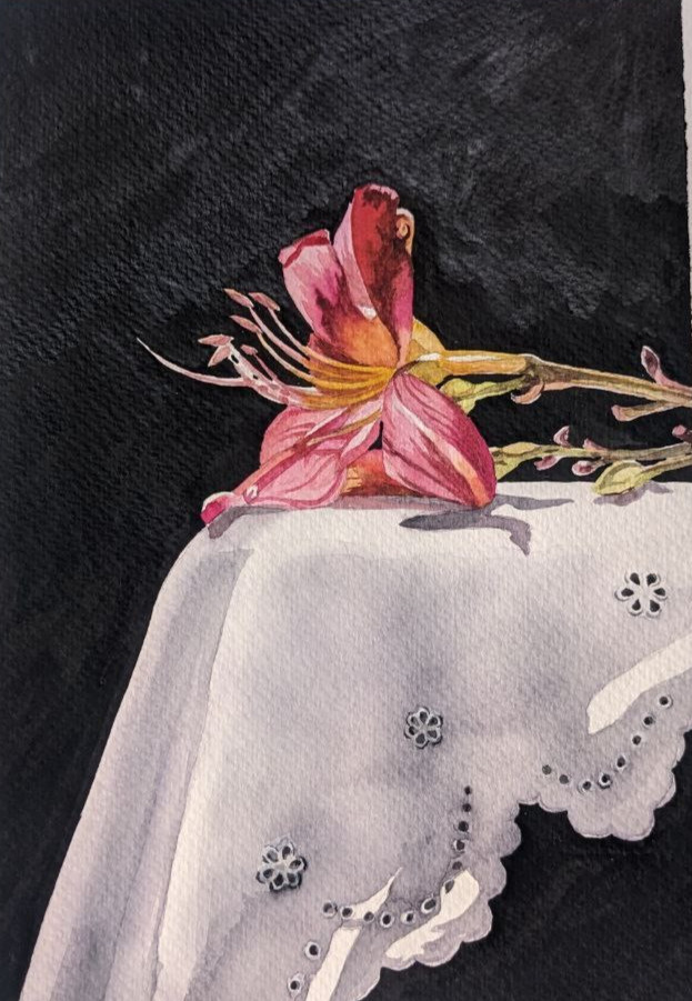 Pink Lily White tablecloth Floral Watercolor Painting Dark Background A4 Art