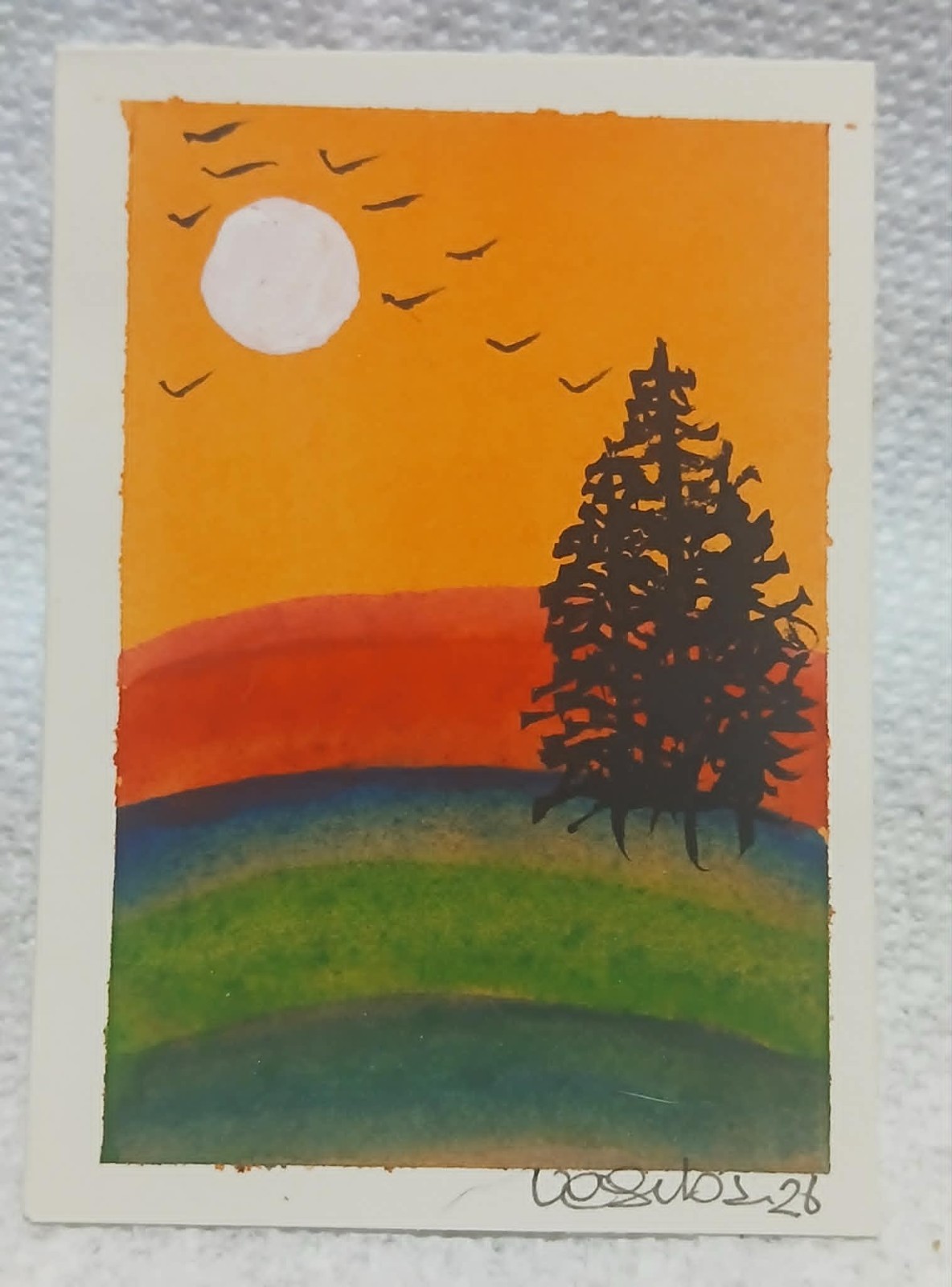 Minimalist Sunset Tree Silhouette ACEO OOAK Watercolor Mini Art Card