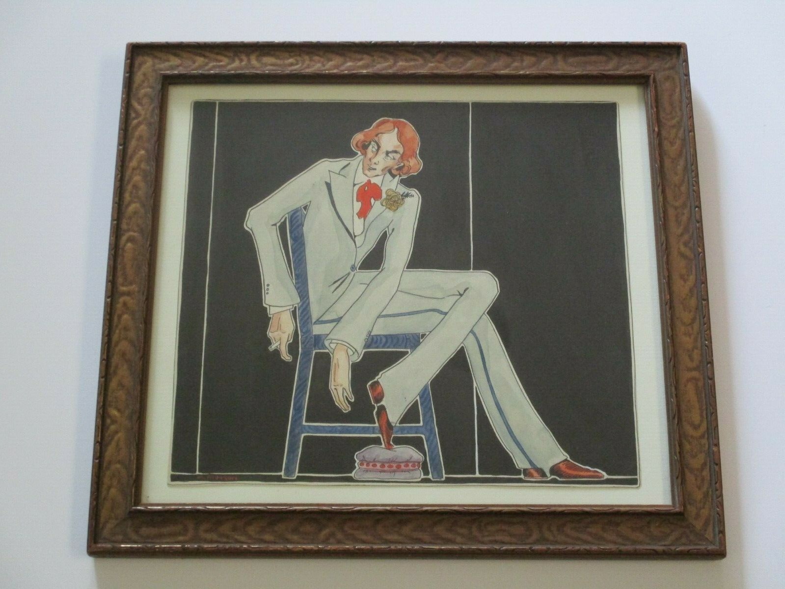 VINTAGE ANTIQUE PAINTING PORTRAIT SMOKING MAN IN SUIT SITTING SMOKING MODERNIST