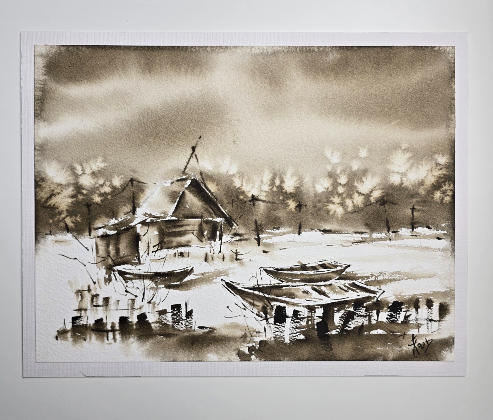 Original Watercolor Triptych Winter Wall Art, Monochrome Village Snow Landscape