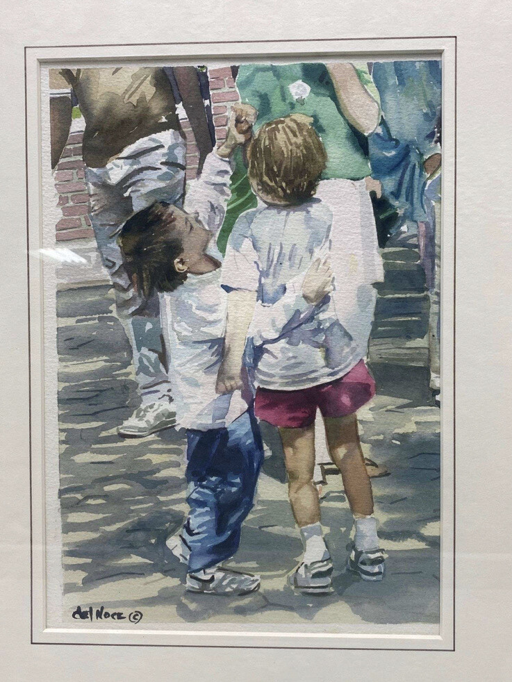 RAIMOND DEL NOCE SIGNED FRAMED ORIGINAL WATERCOLOR PAINTING OF CHILDREN AT PLAY