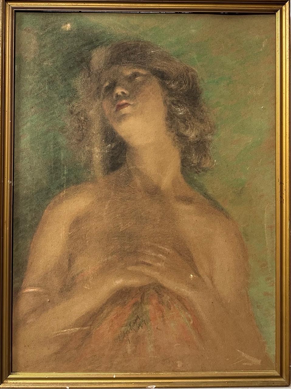 Art Deco Pastel Portrait Young Lady c1924 Female Nude Framed Painting