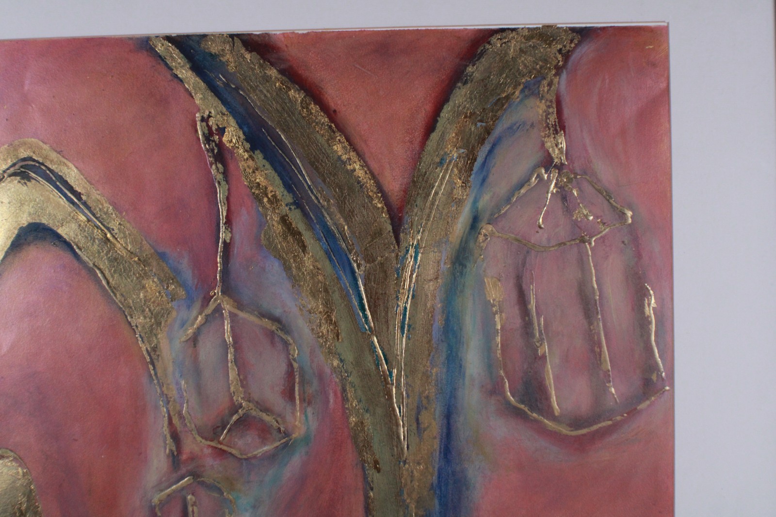 Mid Century Red And Gold Abstract Mixed Media Painting Signed Nail