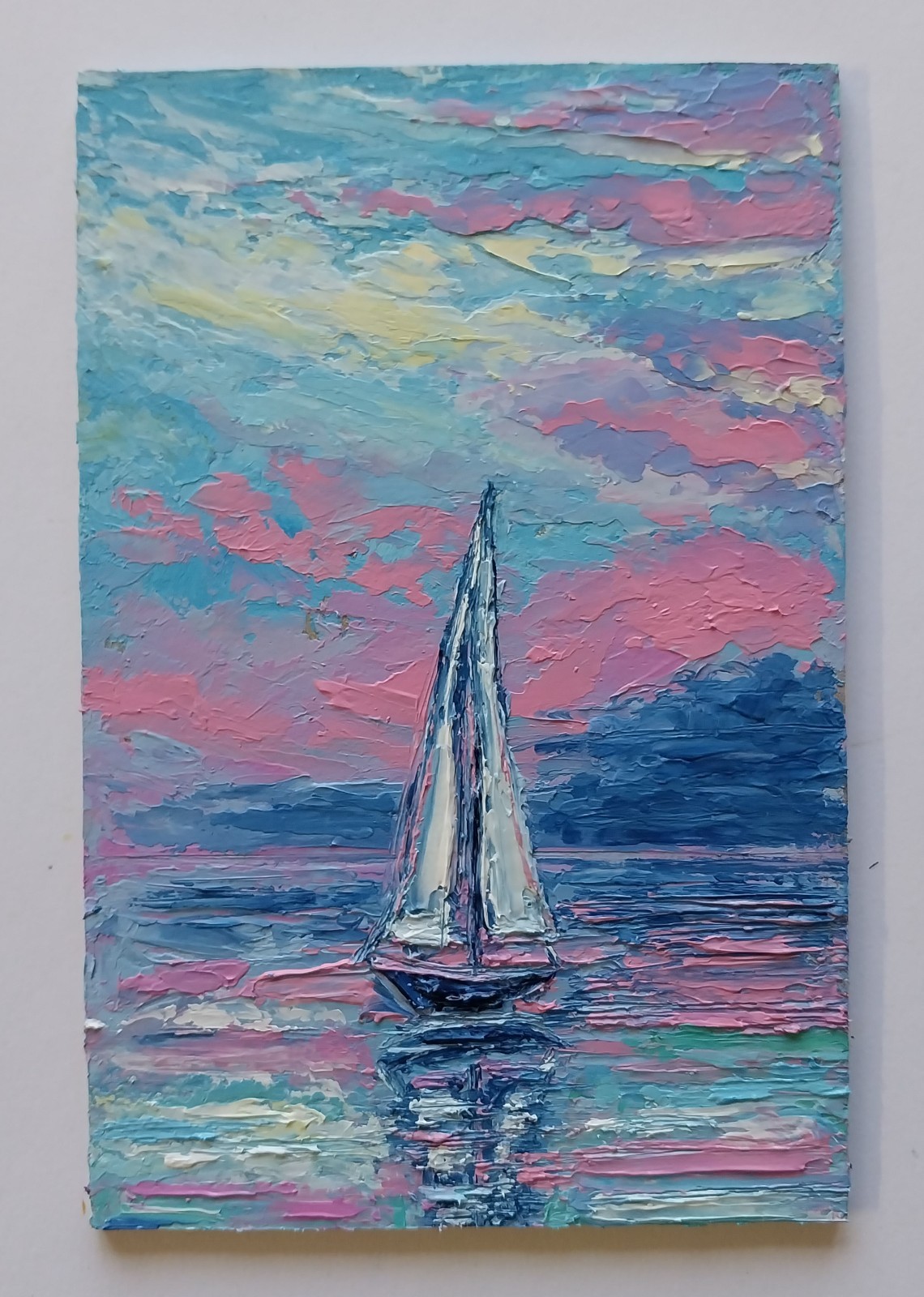 Framed Sailboat Art Mini Calm Seascape Pink Sunrise 4×6” Original Oil Painting