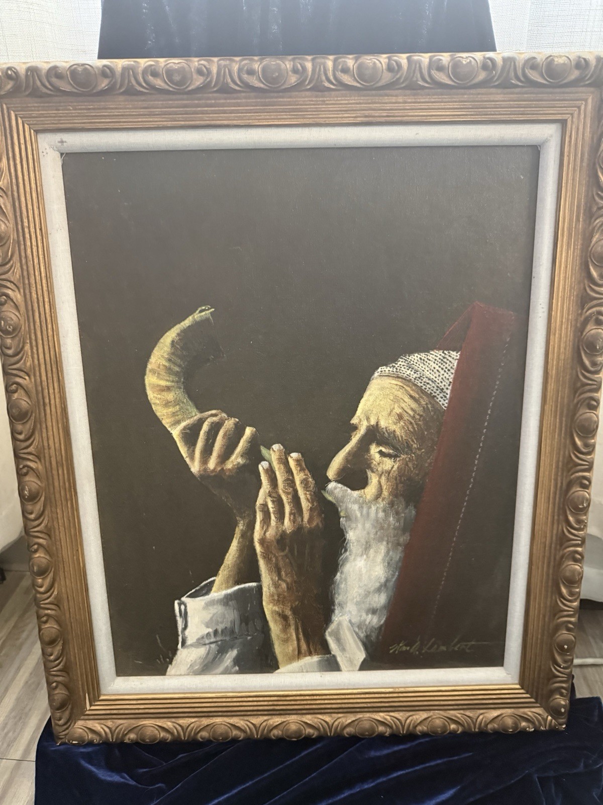 Signed Wm. A. Lambert Original Oil Painting Jewish Rabbi Blowing Shofar Judaica