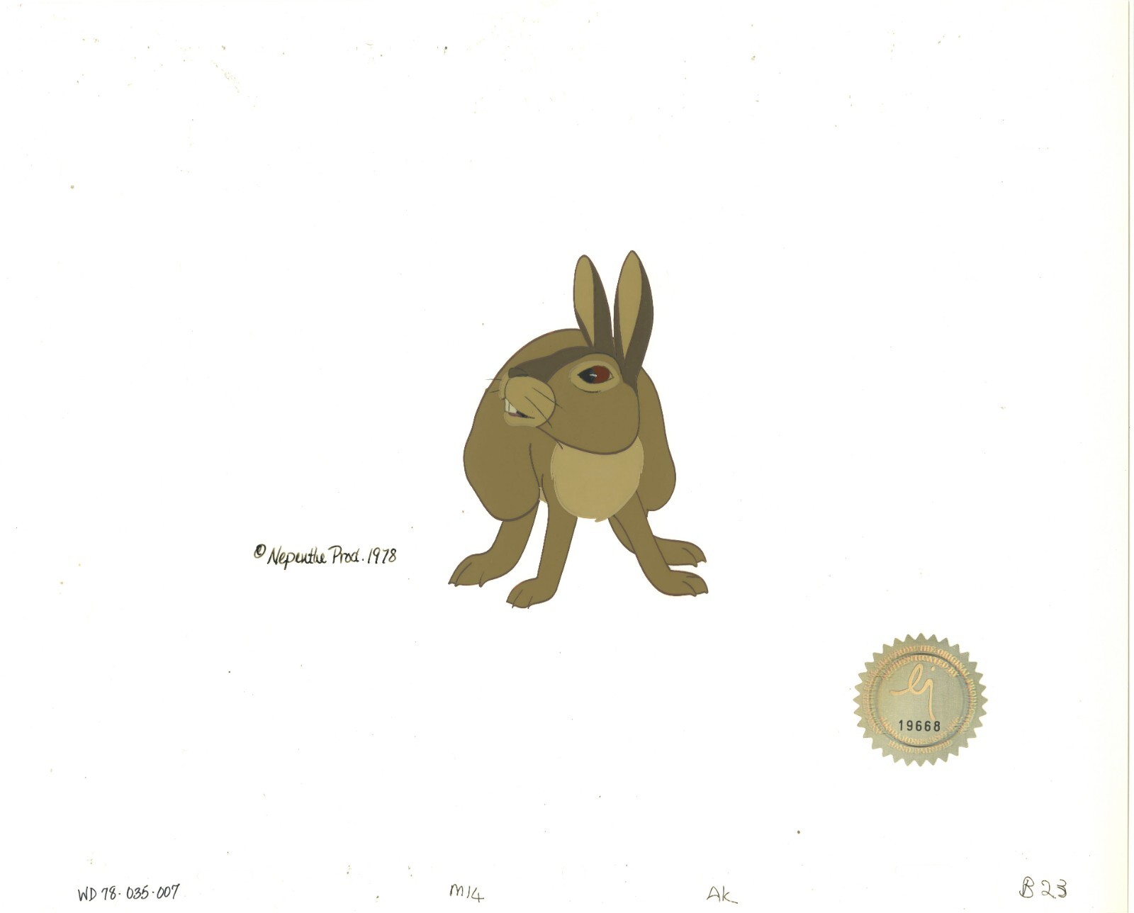 Watership Down 1978 Production Animation Cel Blackberry LJE Seal and COA 035-007