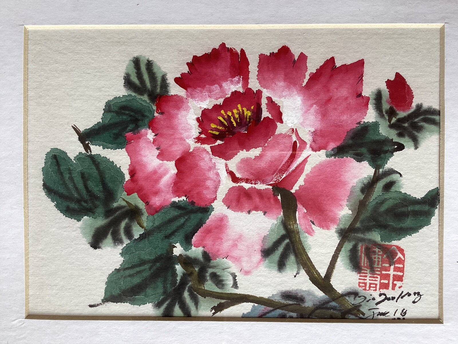 Chinese Pink Moutan Watercolor Painting w/ Frame Stamped and SIGNED