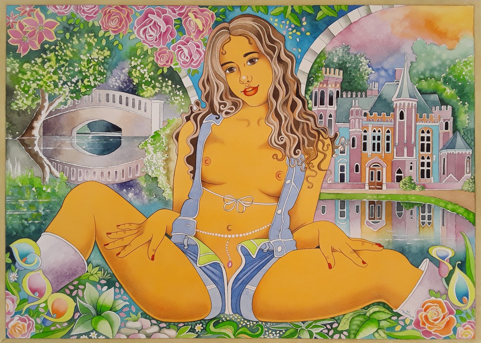 Erotic, large watercolor 70 x 50 cm, «curly hair beauty», lovely Lisa art.