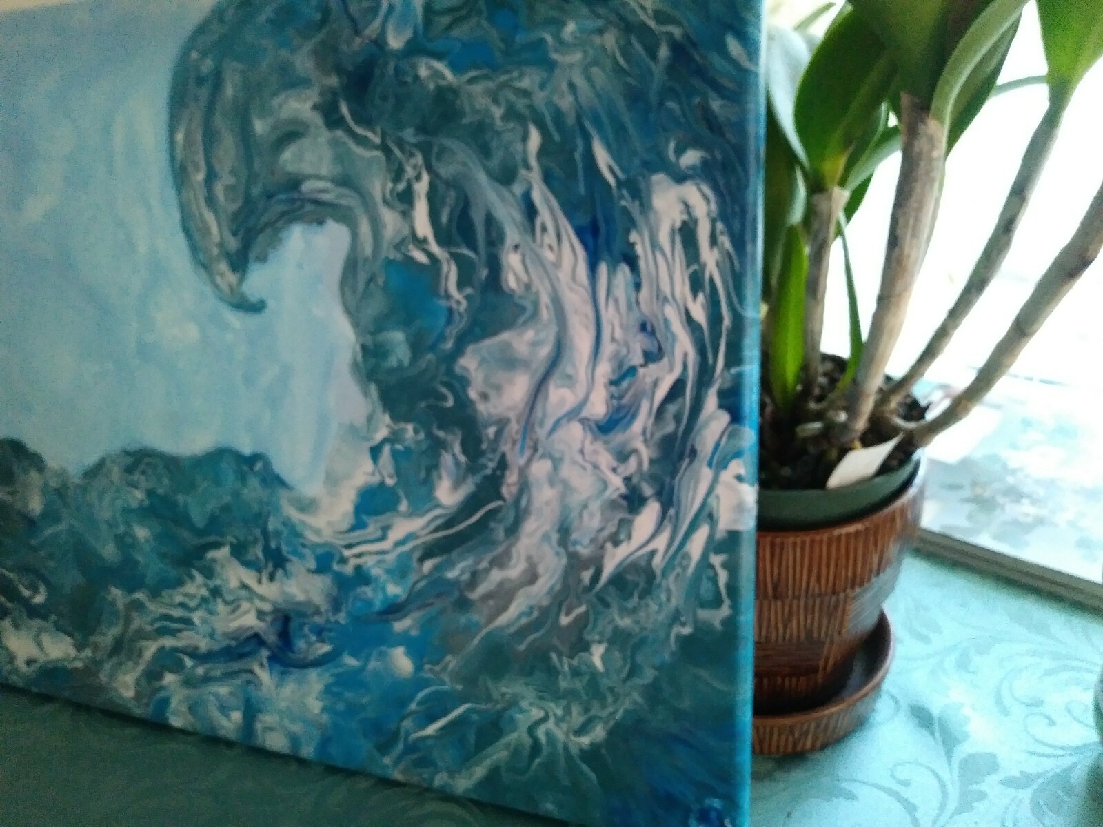 New Original «Blue Wave» Acrylic Pour 16″ x 20″ Canvas Art Wall Abstract Décor