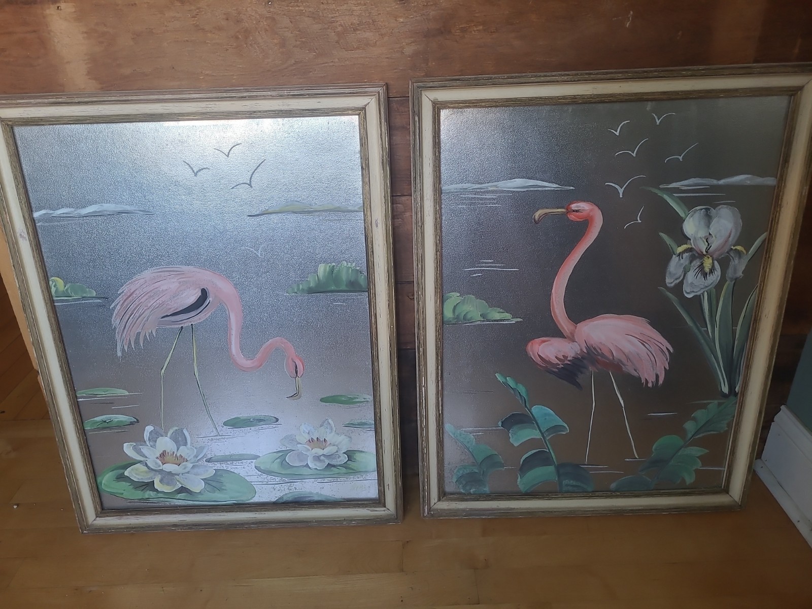 Vintage 1950s MCM Pair Flamingos Paintings On Silver Original 18×24 Frames