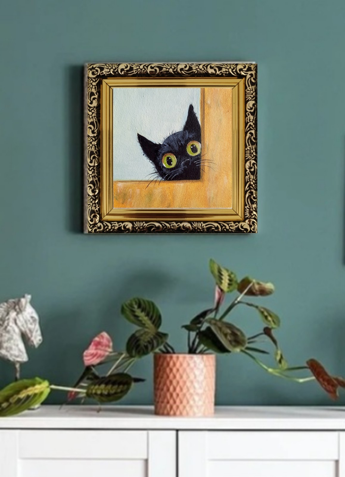ORIGINAL Oil Painting Black Cat Handmade Miniature Contemporary Wall Art Animals