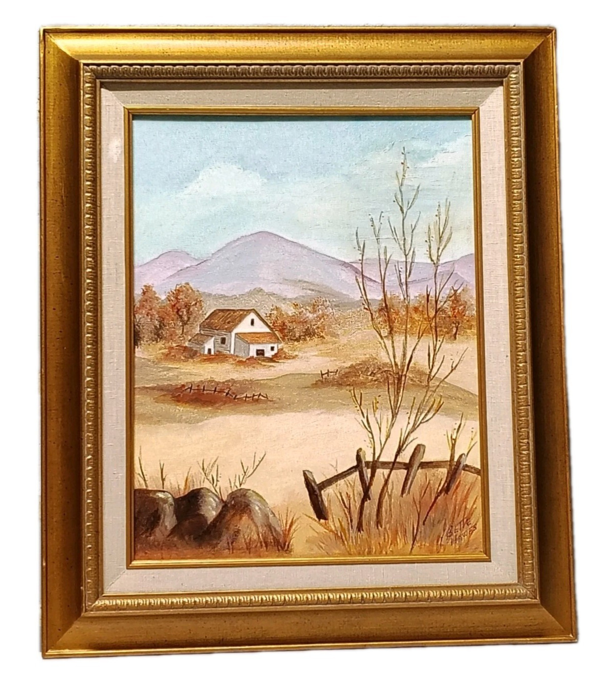 VTG Gold Framed Original Oil Painting Landscape Country Farmhouse USA Signed 19″