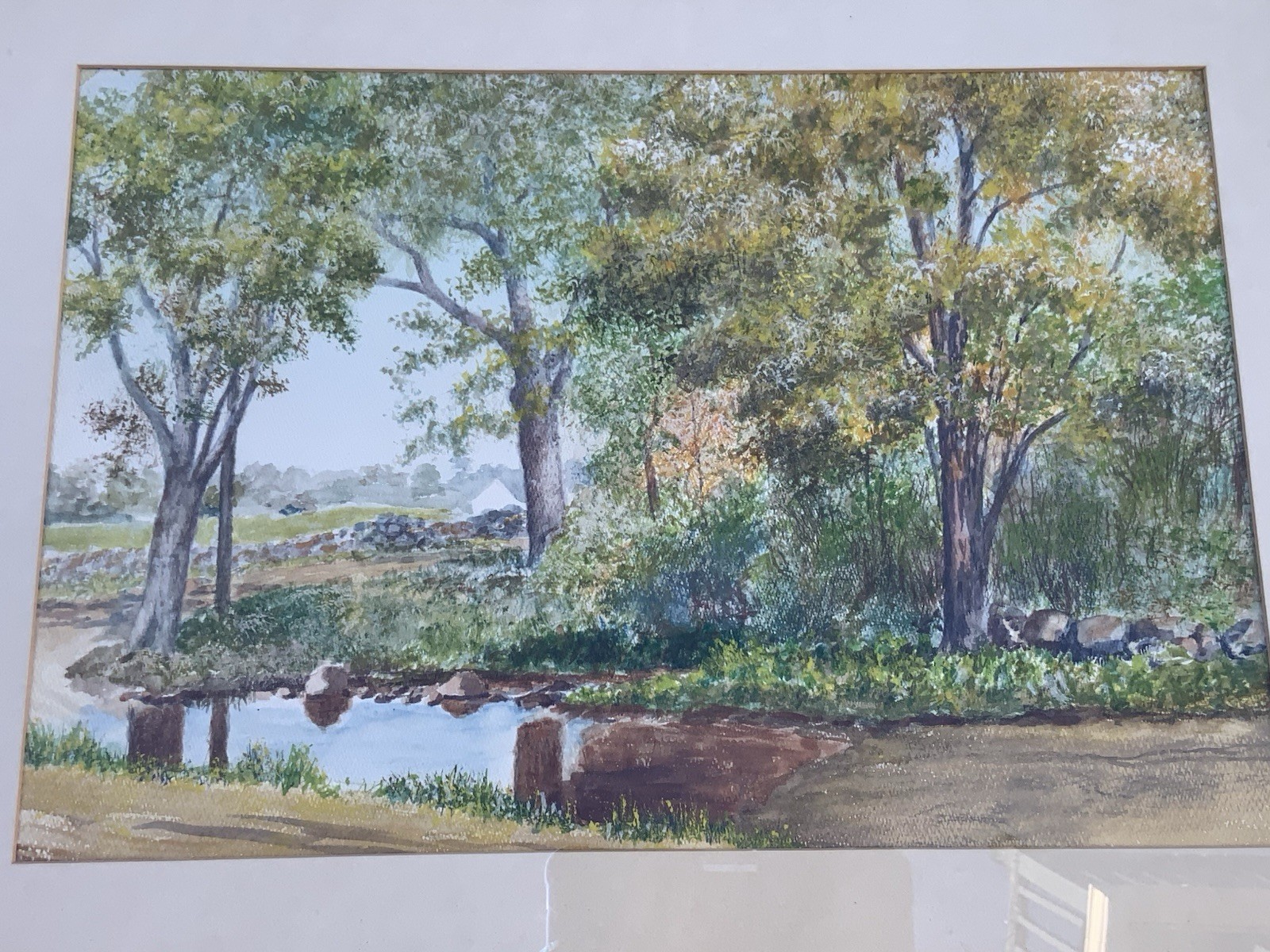Vintage Original Landscape Watercolor Painting Trees Stream Framed Art 29×23