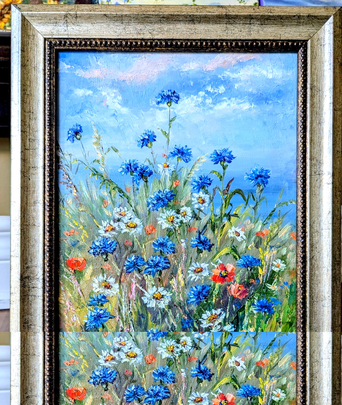 Cornflowers, Daisies, Poppies ORIGINAL OIL Painting WILDFLOWERS impasto 10″x 8″