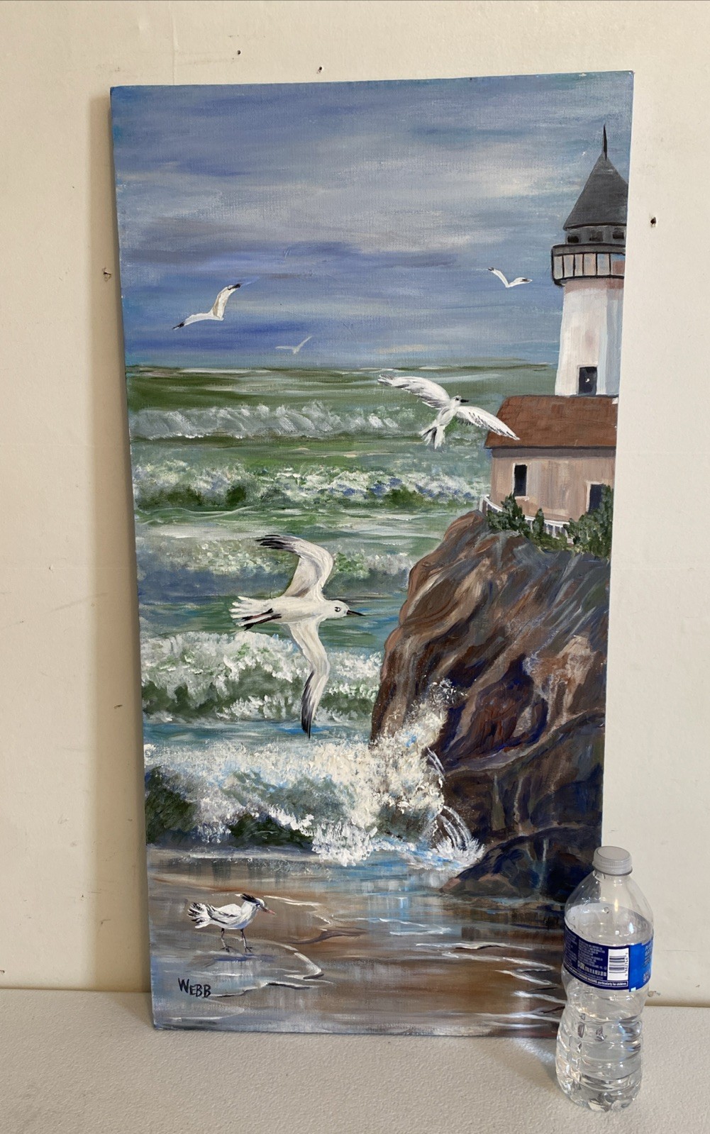 Seascape Lighthouse Acrylic Painting Signed WEBB Waves Crashing Rock Seagulls
