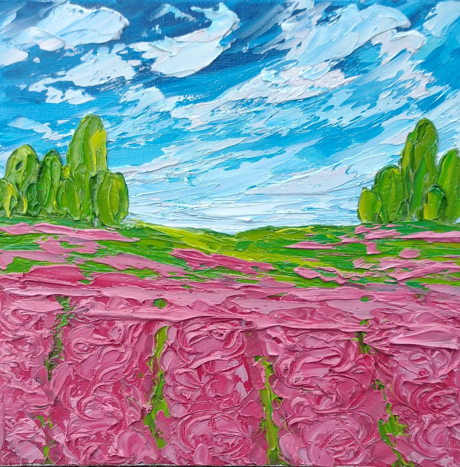 Original 6″ Oil Painting IMPASTO PINK TULIP ROSE FIELD wild flowers textured