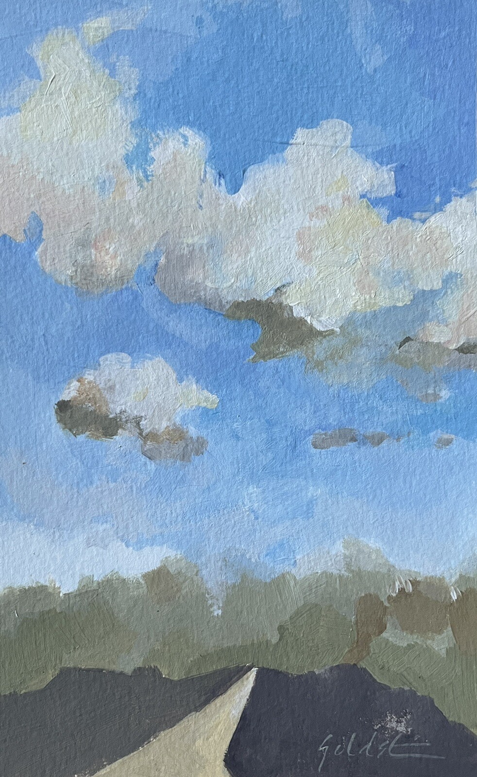 Original Cloud and Fields Landscape Painting on Watercolor Paper Signed Fine Art