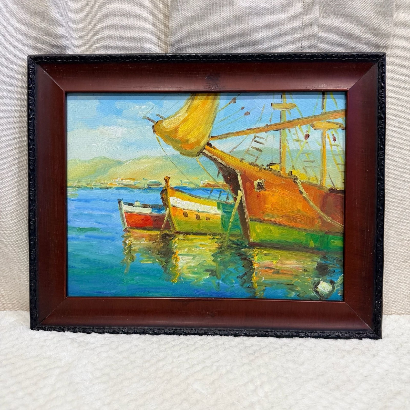 Sailboats in Harbor Impressionist Oil Painting