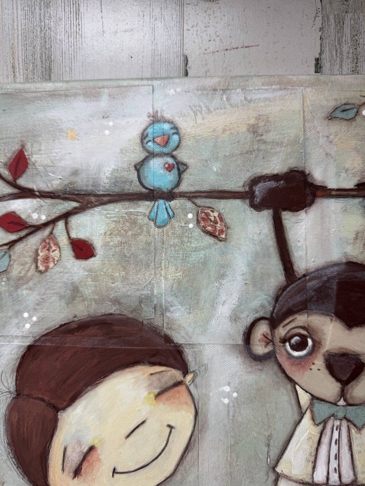 Original Painting Signed Diane Duda Boy & Monkey Whimsical Child Art Nursery