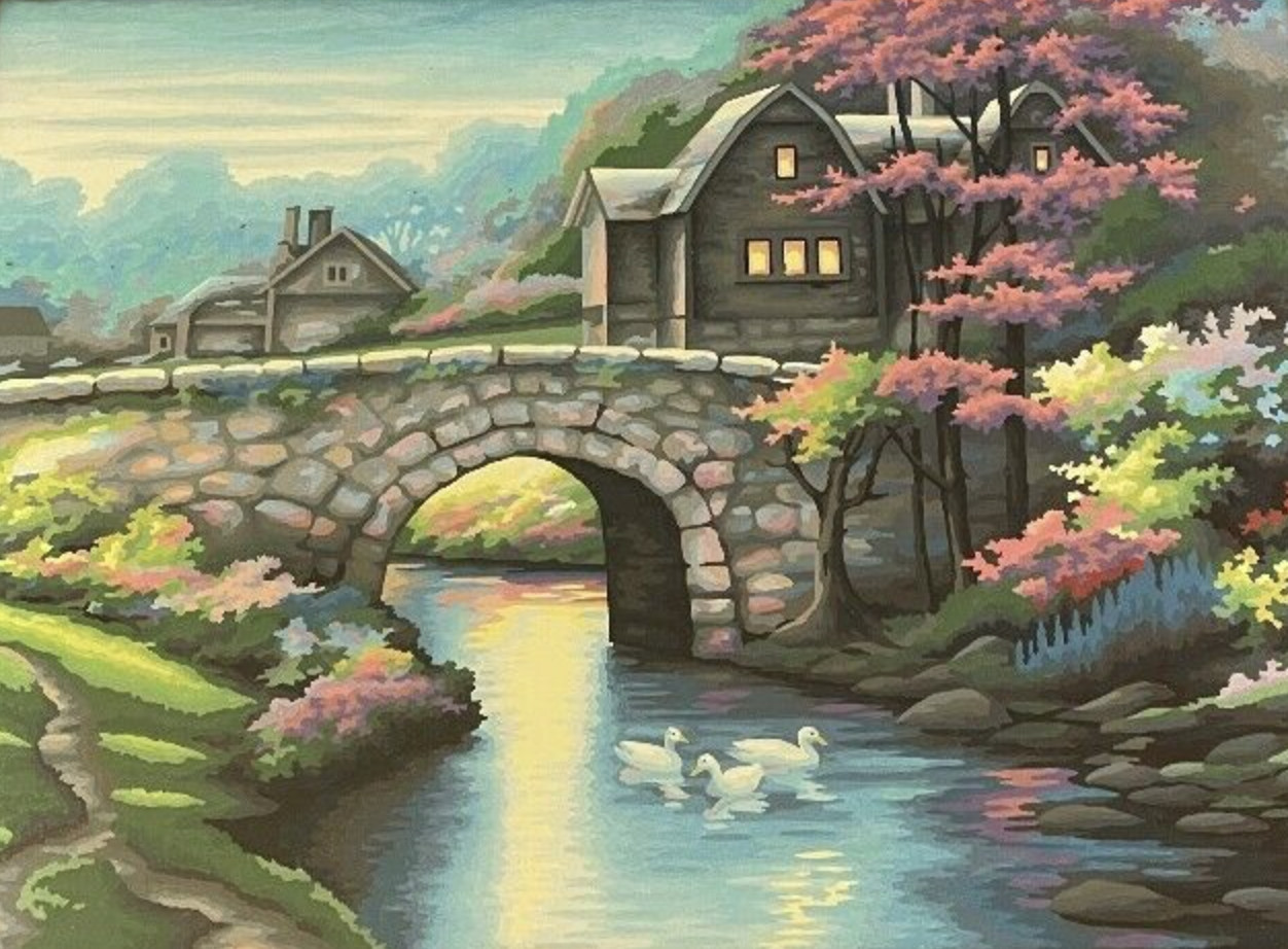 Paint by Numbers PBN Signed JR Acrylic Painting Swan Scene Framed 19×23″ (1999)