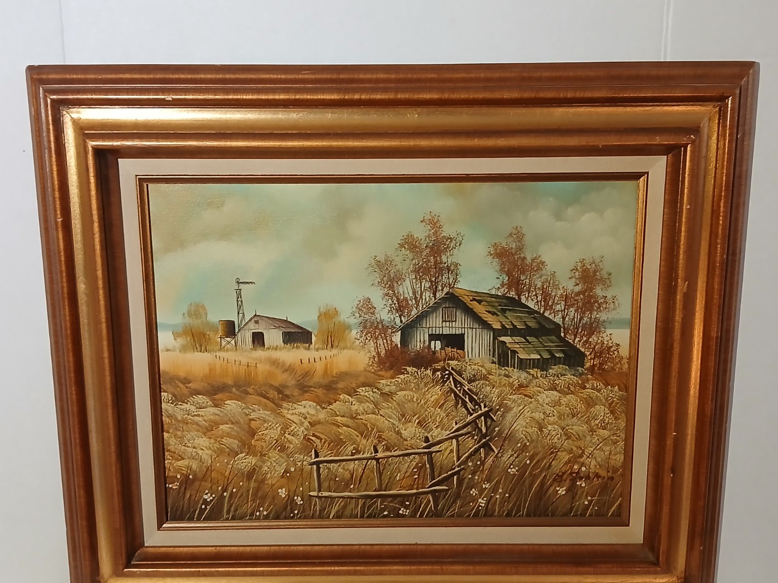 Painting Oil on Canvas Barn Country Wheatfield Framed Artist Signed Landscape