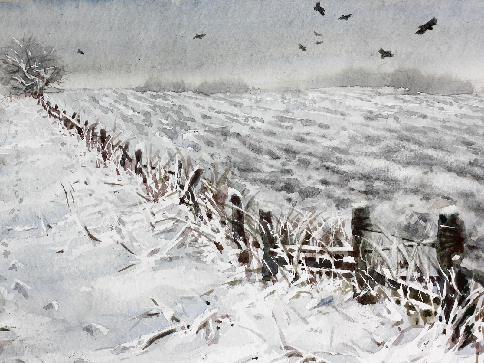 Original Watercolor Winter Painting Field Snowy Fence – Crows in Sky Art