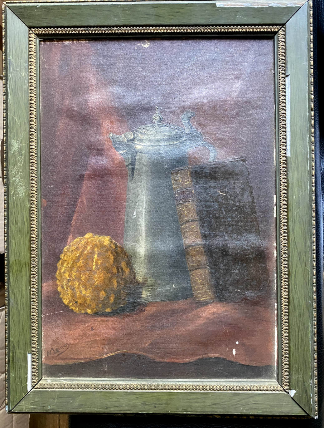 Oil Painting Um 1900 Still Life Yellow Pumpkin And Pewter Signed Unrestored
