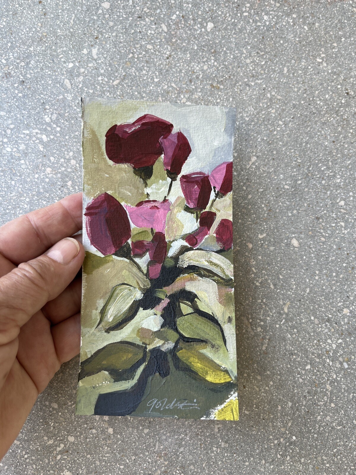 Original ACEO Art on Watercolor Paper Les Roses Tiny Acrylic Painting Signed
