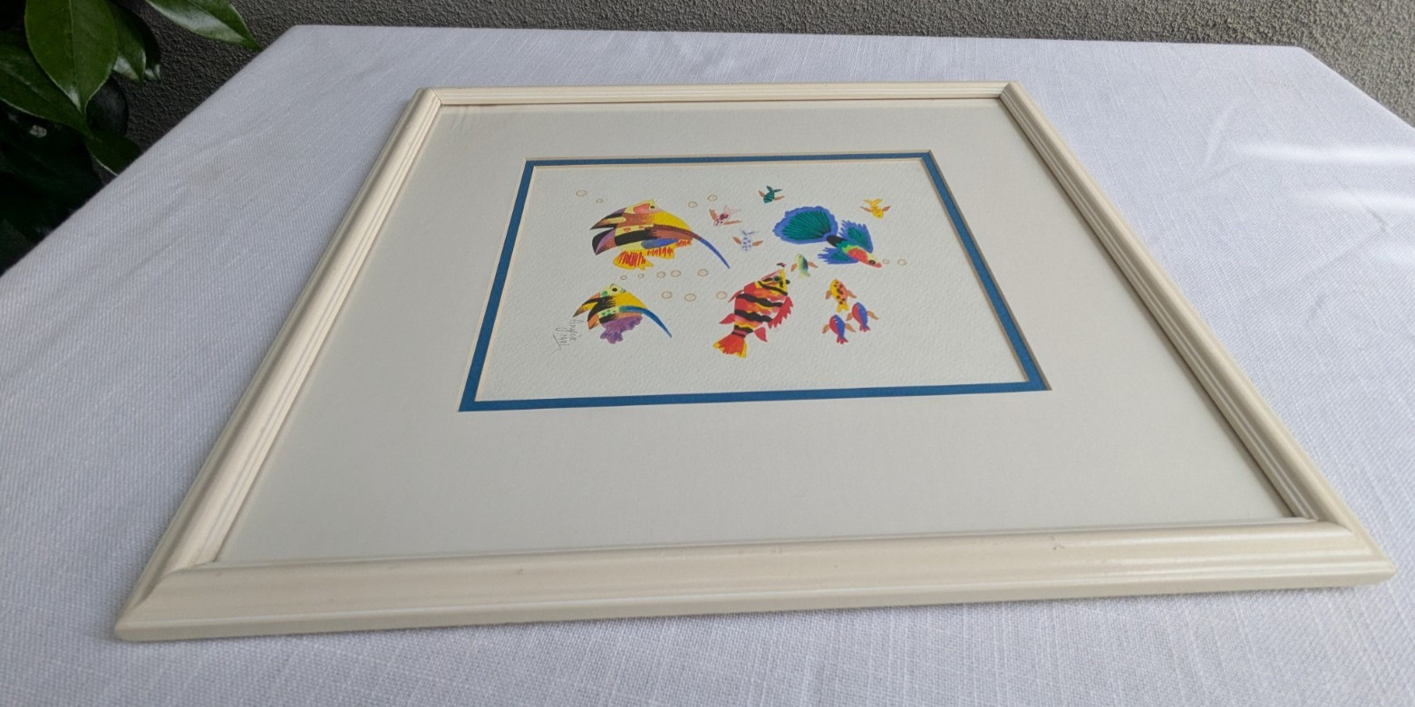 Vtg 1991 Watercolor Tropical Fish Painting 15×13″ Framed/Signed Wall Art Picture