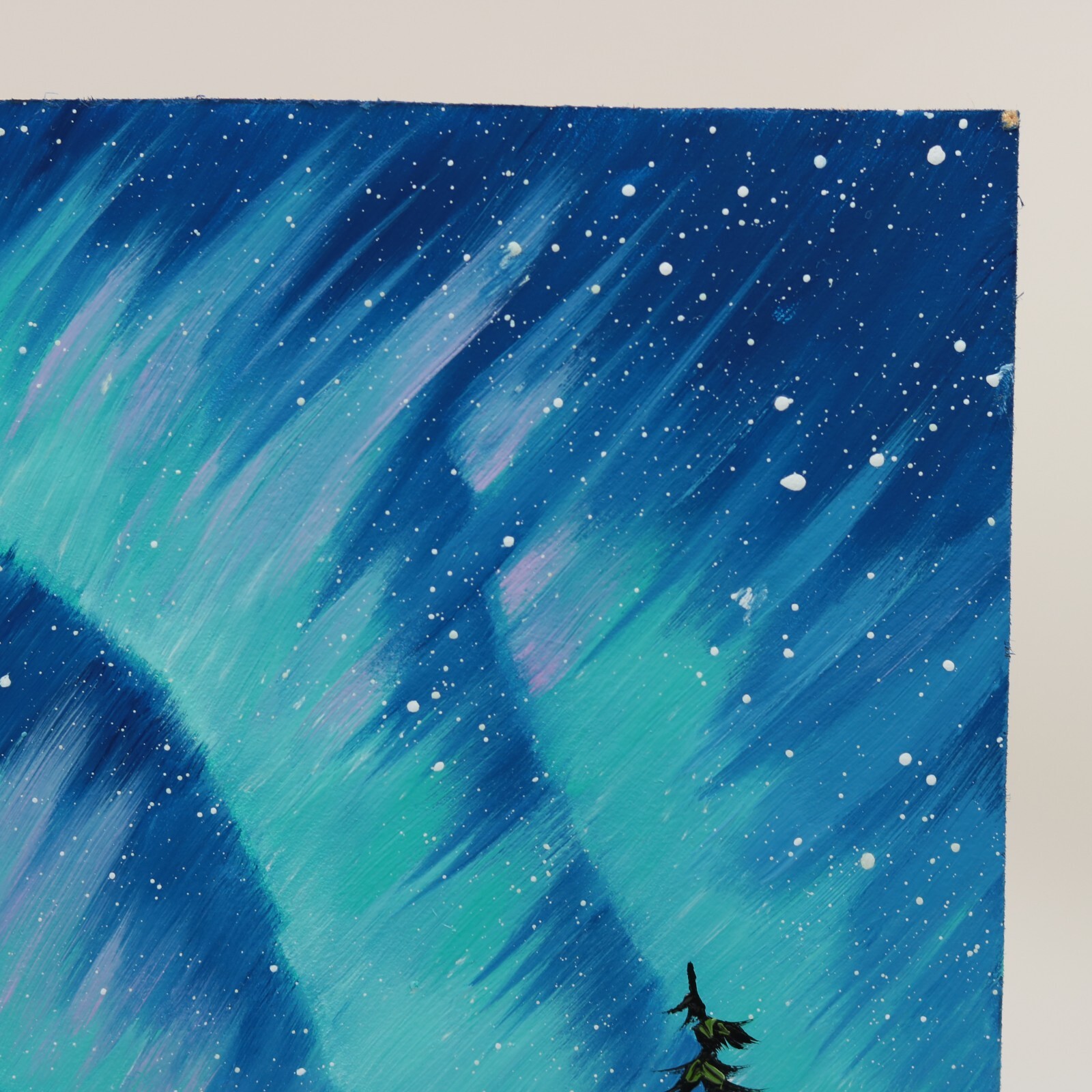 Northern Lights Oil Painting Original Pine Trees Under Aurora Borealis Night 8×8