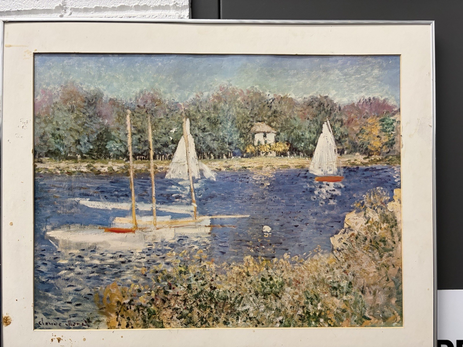 Claude Monet Framed Signed Impressionist Seascape Sailboats Canvas Painting