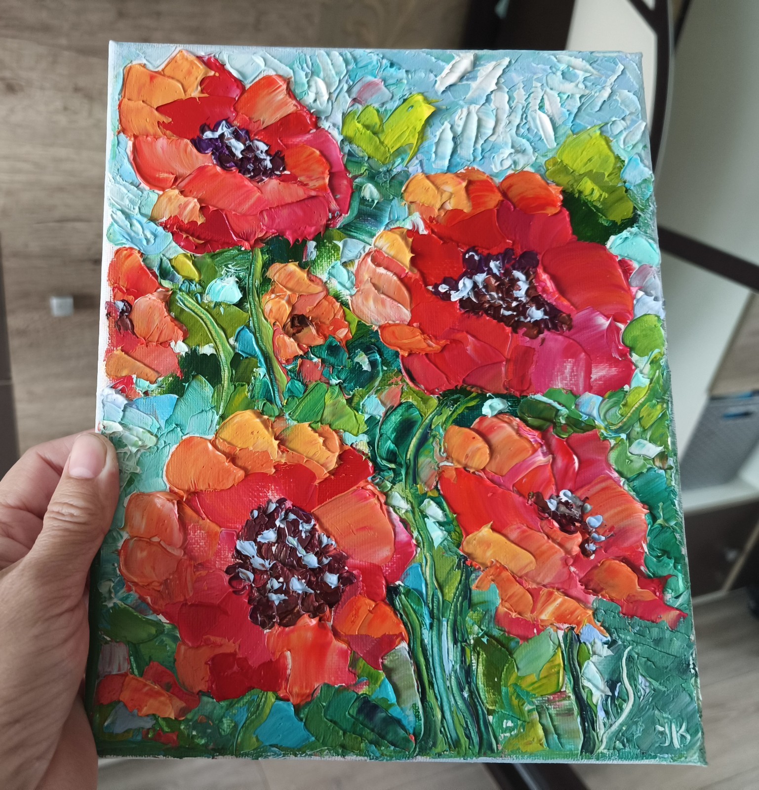 Original Oil Painting Red Poppy Flower Impasto Art on Canvas 25x20cm Signed
