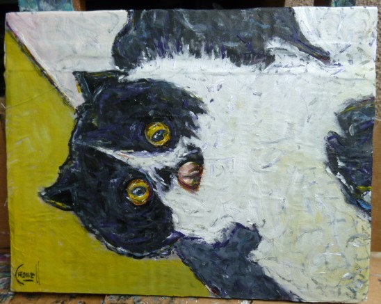 SCARE DEE CAT house pet funny original 8×10 card panel oil painting by Crowell