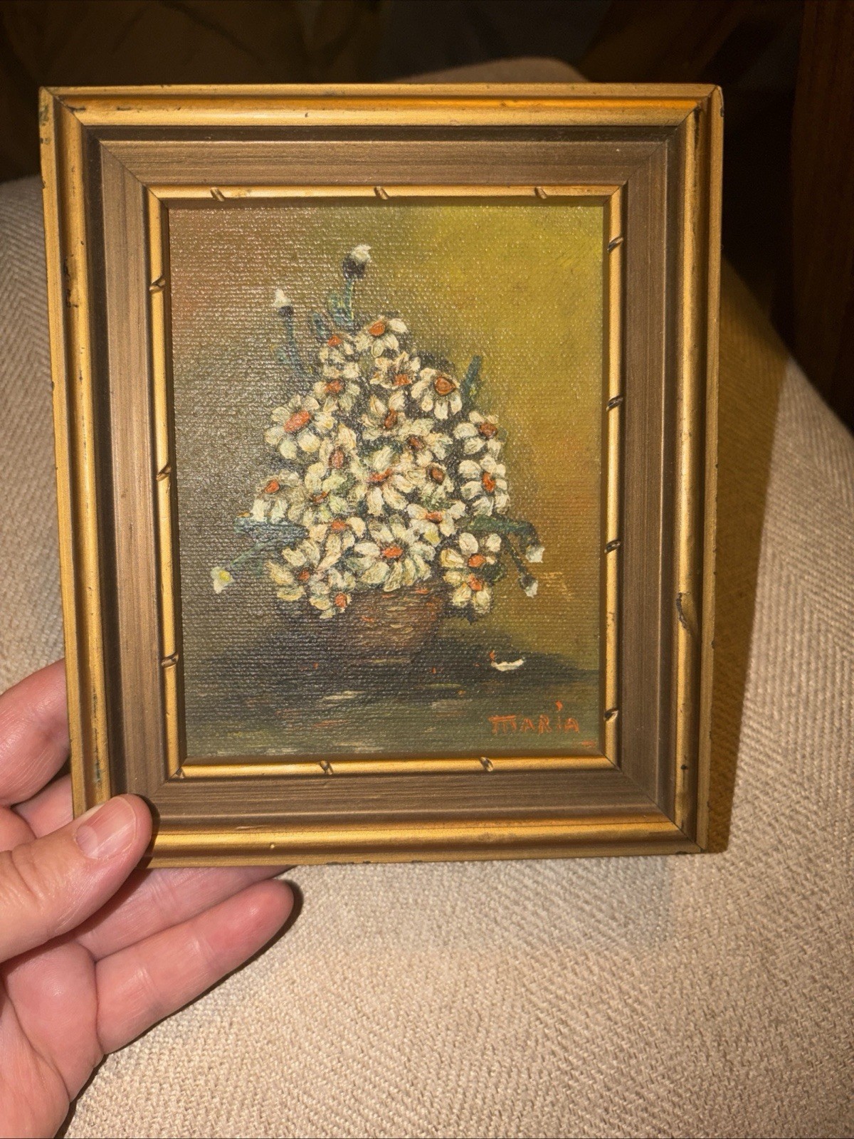 Impasto Oil Painting Canvas Bouquet of White Daisies Basket Flowers Original Art