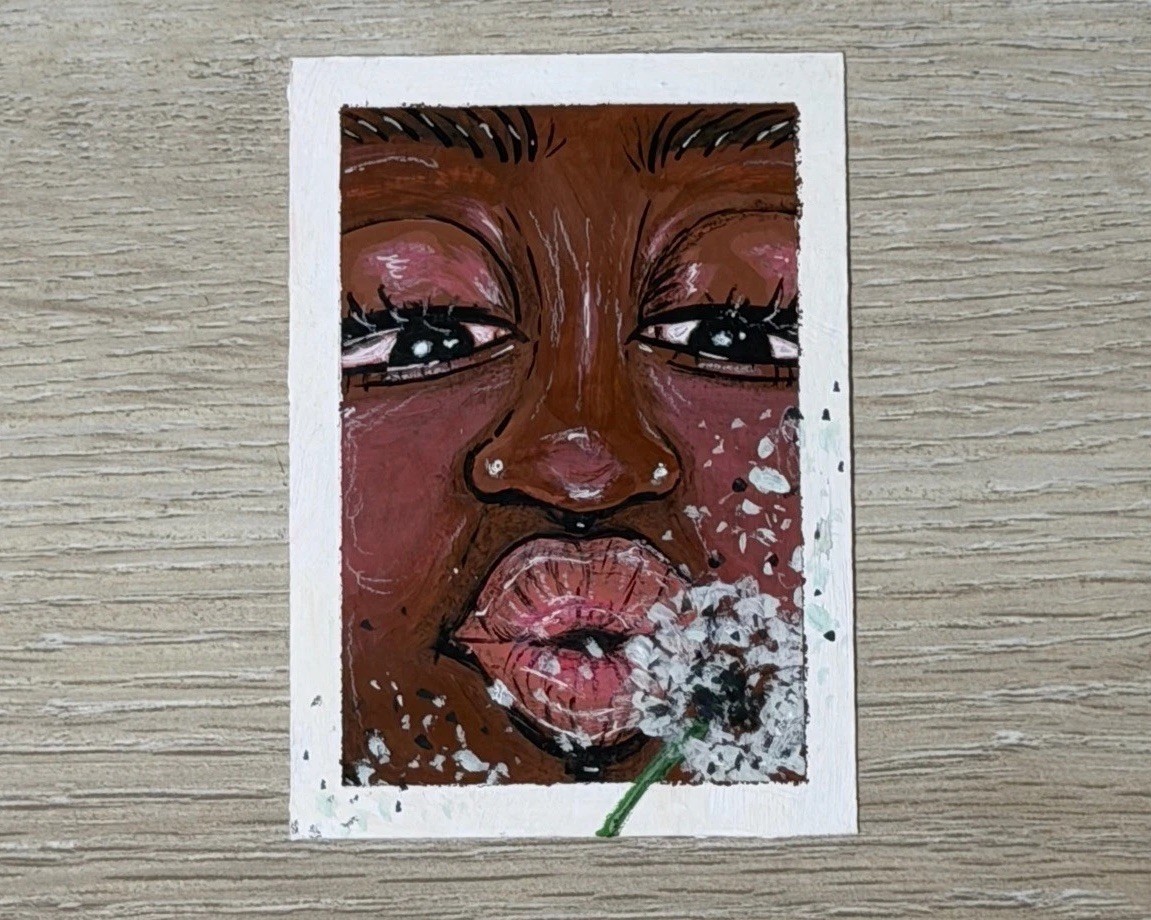 ACEO original painting 2.5in x3.5in ACRYLIC, FLORAL, DANDELION, GIRL