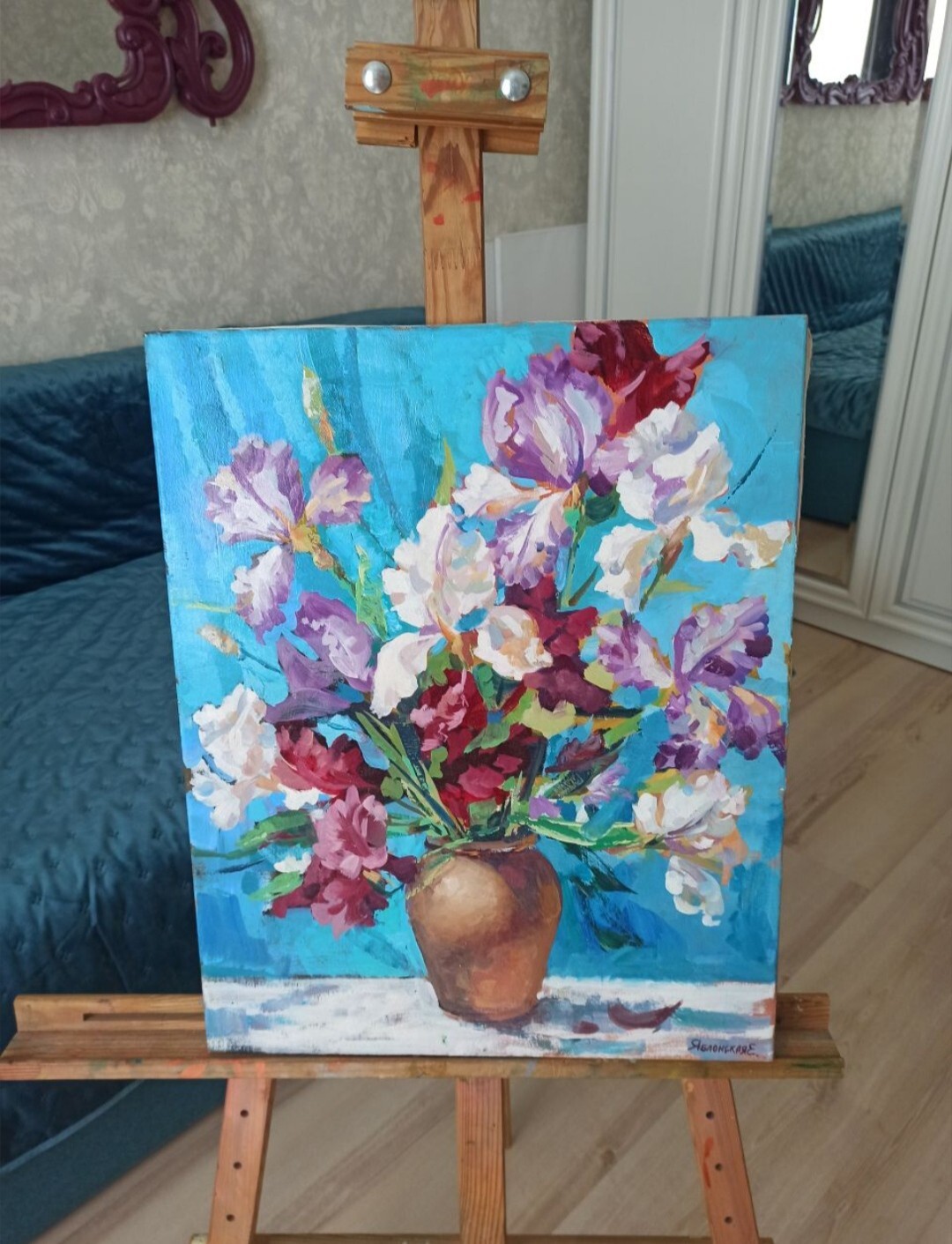 ORIGINAL Painting on canvas Bouquet of Irises Realism 19.68/15.74 inch