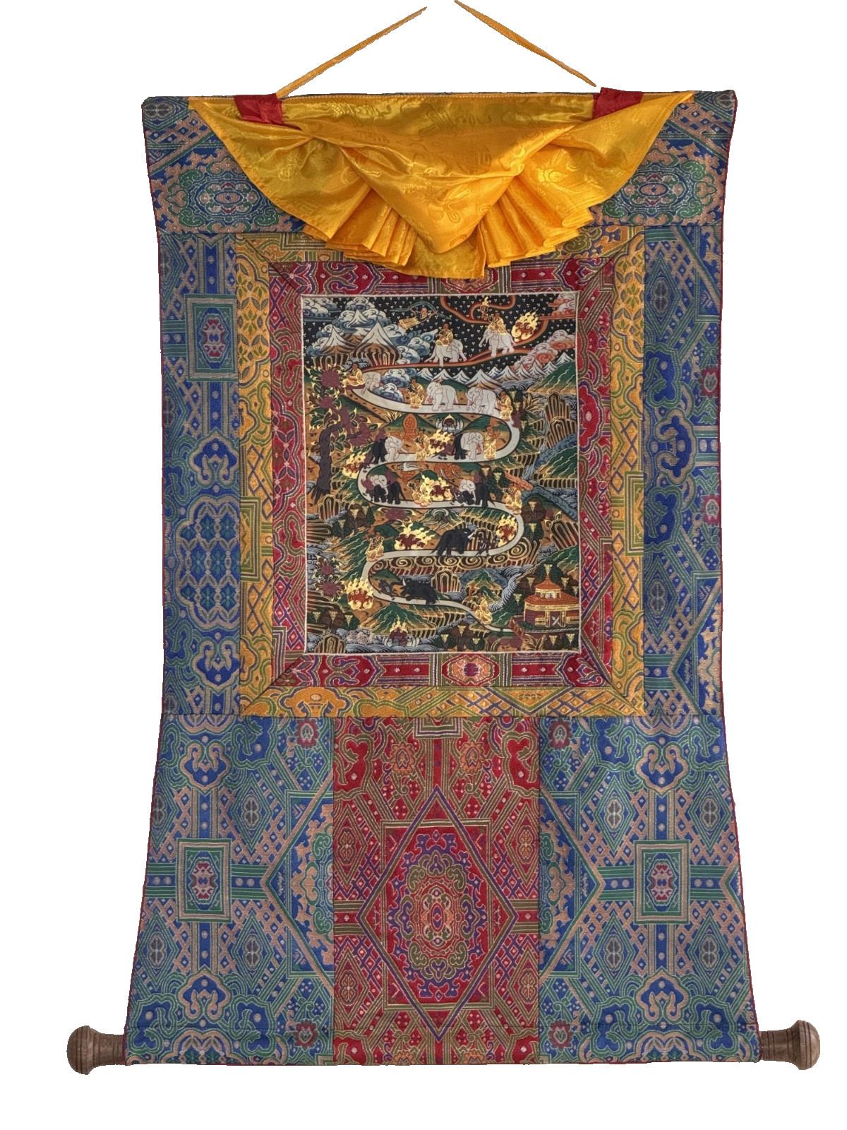 SAMATHA MEDITATION/ WAY TO HEAVEN ORIGINAL TIBETAN THANGKA PAINTING SILK FRAMED
