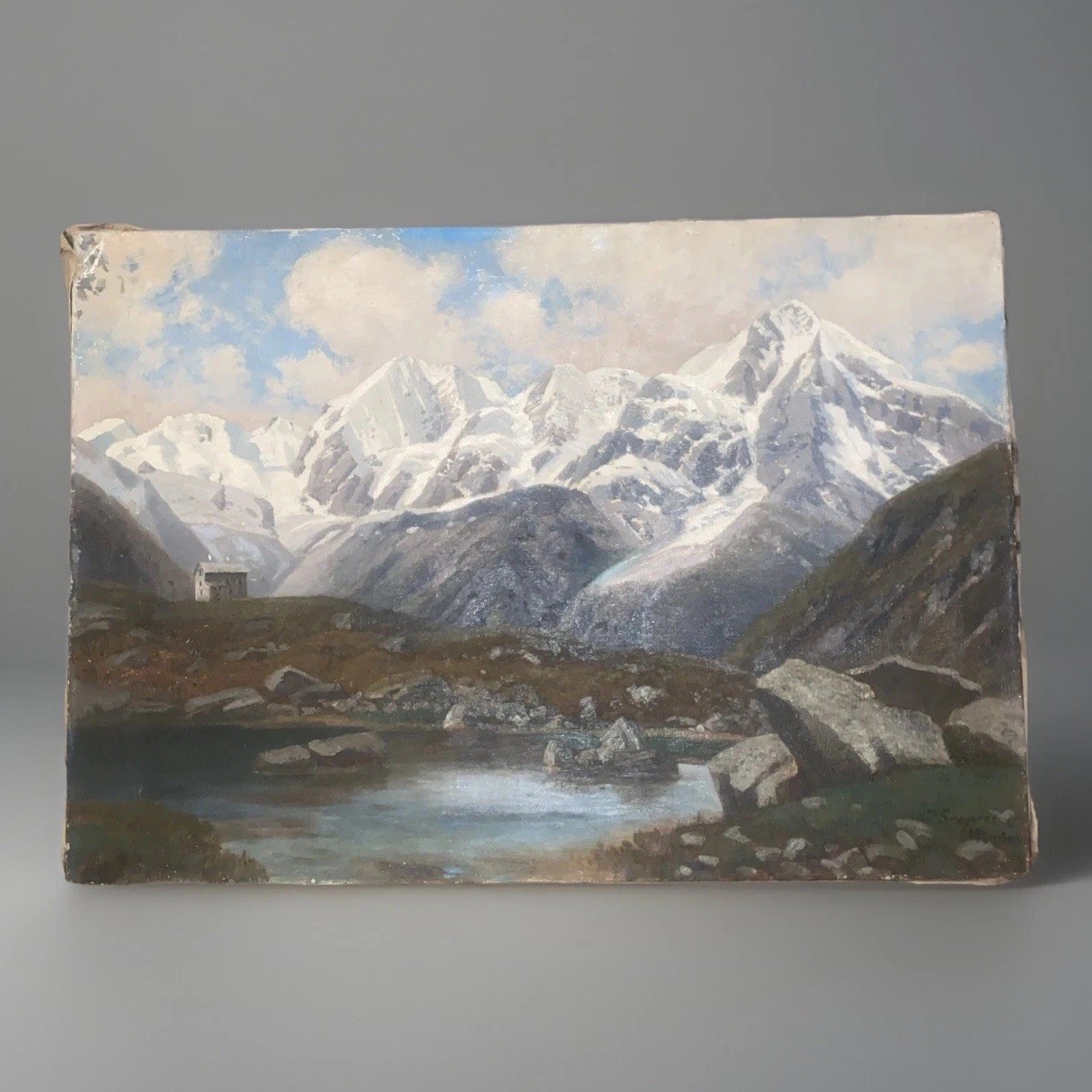 Antique Swiss Alps Oil Painting Josef Schoyerer 23” X 33” Scenic Vntg Rare!