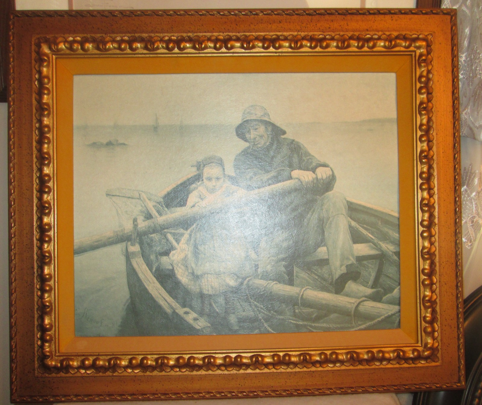 1881 «THE HELPING HAND» Print Signed French Artist Emile Renouf Gold tone Frame