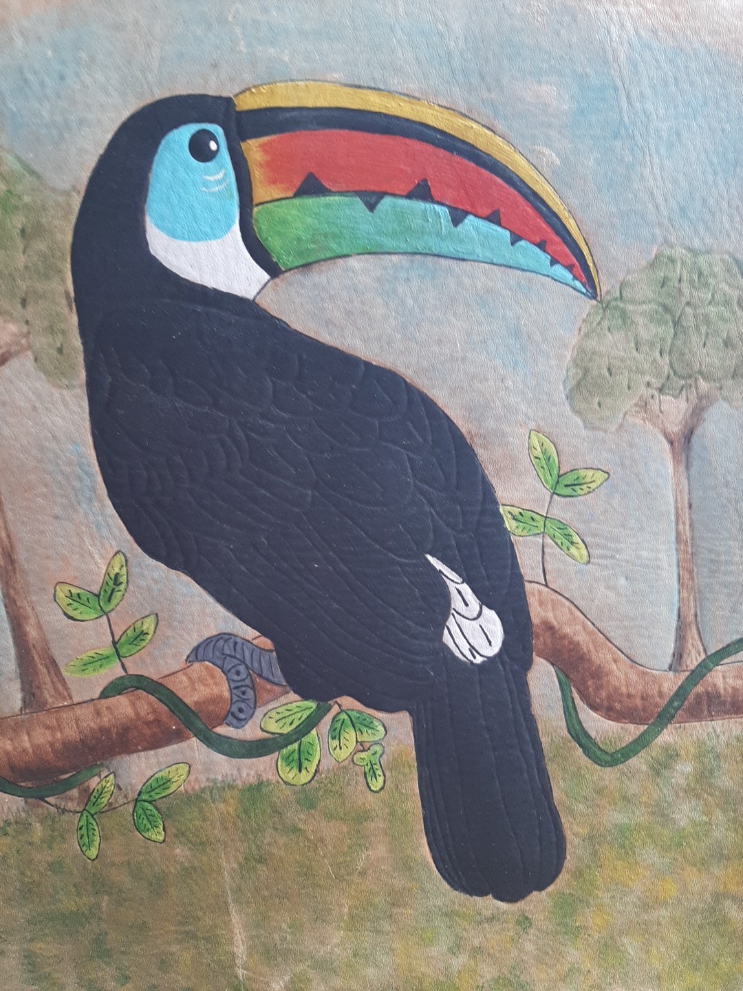Vintage Toucan Bird Vibrant Painting On Leather Wall Hanging 13″x 9″ Ecuador