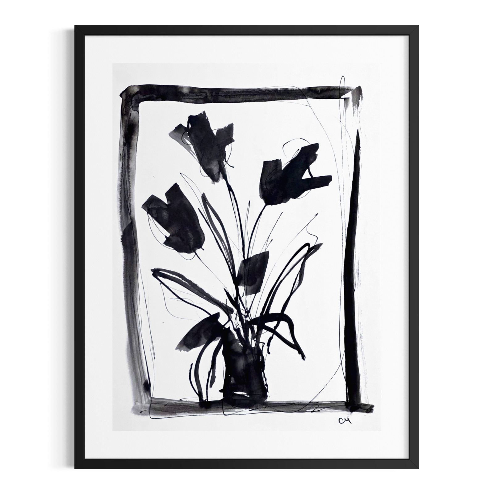 Original Abstract 9×12 Botanical Painting Black White Minimalist Acrylic Paper