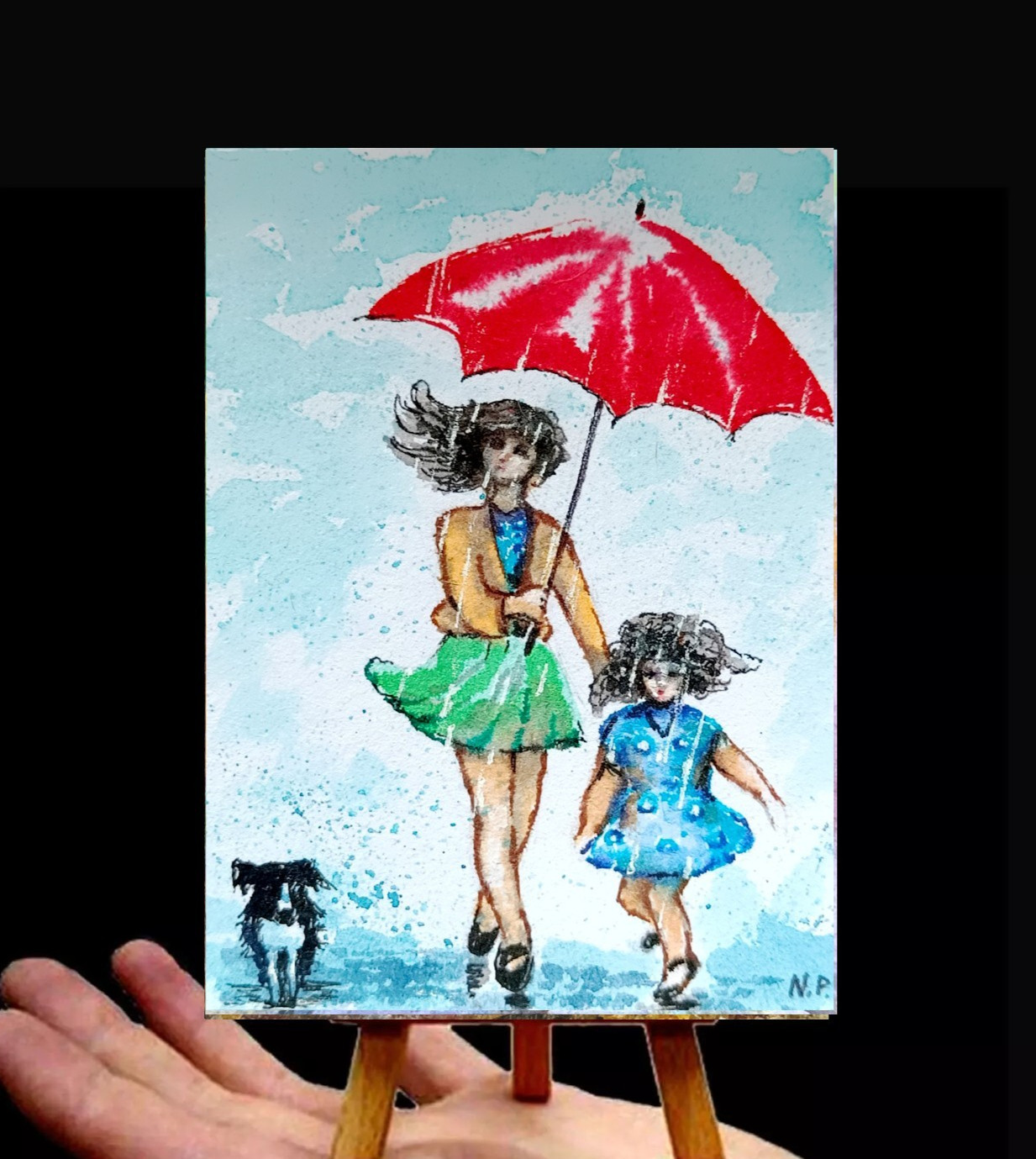 Original Umbrella ACEO Rain baby girl woman painting signed