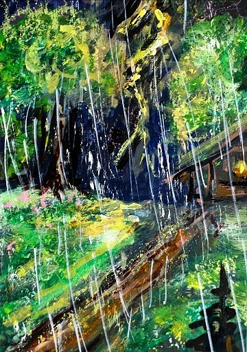 ACEO Original PAINTING Summer TREE Storm Night Rain Nature Landscape ATC ART