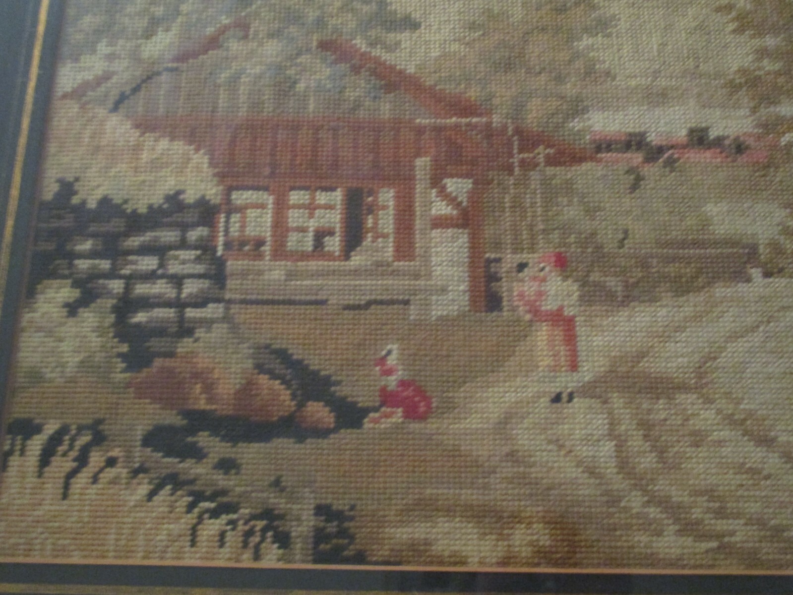 MARY GERTRUDE FERDON NEEDLEPOINT PAINTING 1850 FOLK ART LANDSCAPE NAIVE ANTIQUE