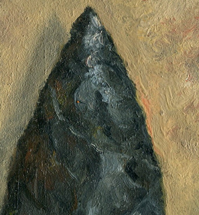 Native American Arrowhead 3×5 in. Oil on gessobord archival panel Hall Groat Sr.