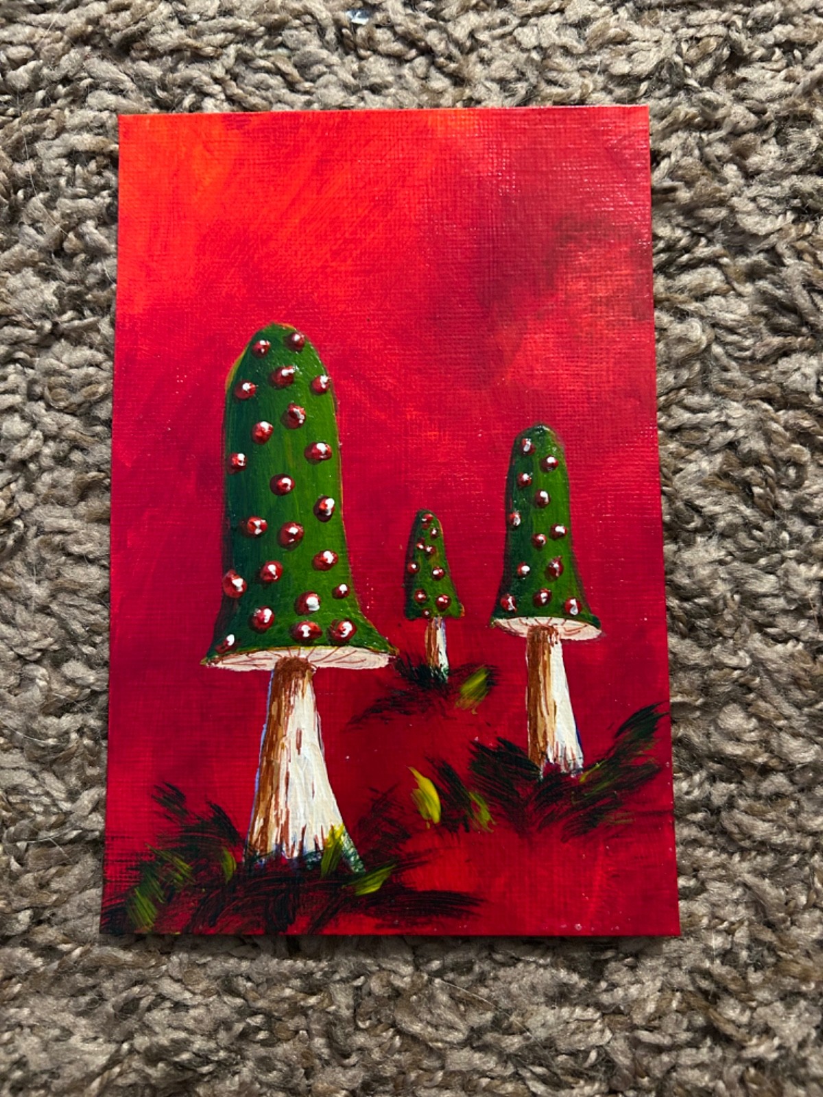 Small Original Acrylic Hand Painted Red Mushroom Fungus Fungi Nature Fantasy Art