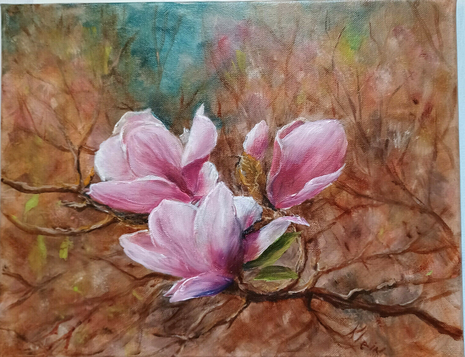 PINK MAGNOLIAS 12×16 Floral Painting Canvas Original US Artist Ramona Klein