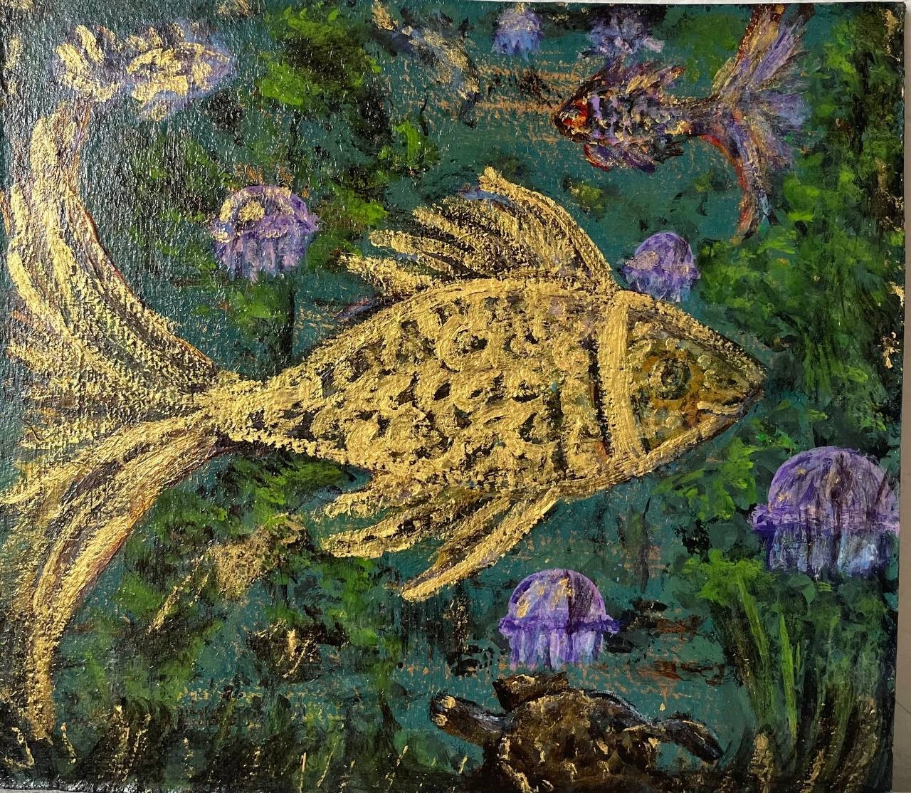 Painting Fish Sea Ocean Gold Acrylic 7X8 inches Exclusive Original Handmade