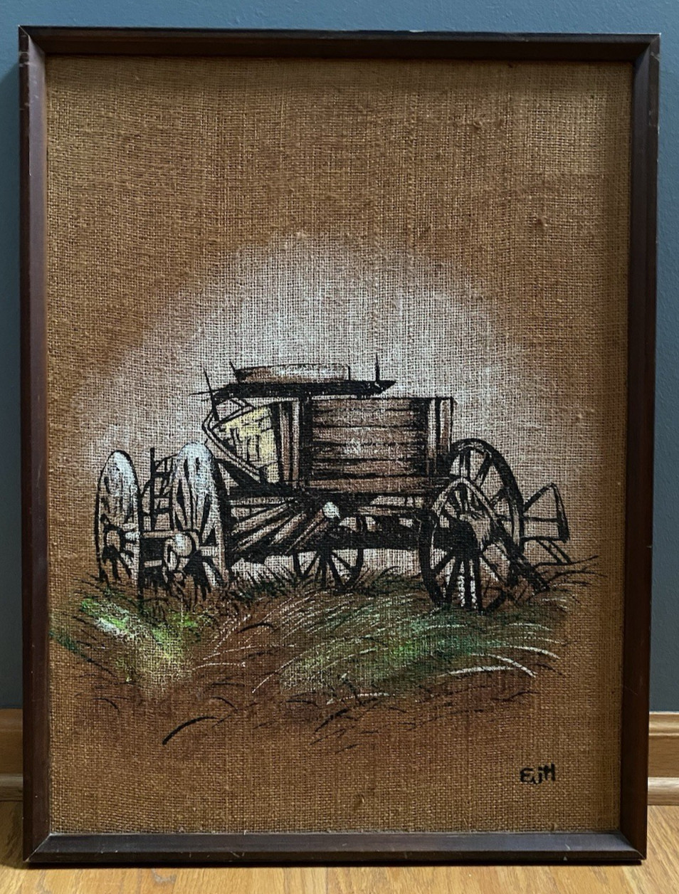 Vintage Country Rustic Farm Wooden Cart Wagon Signed Painting On Burlap 19×25