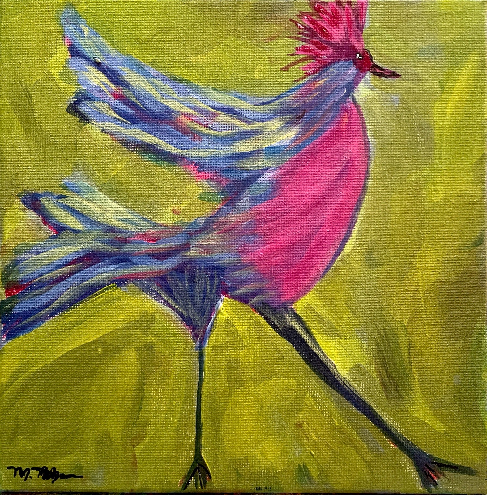 Bold Acrylic Bird Art Vibrant Pink Crested Figure on Green Original 10×10 Signed